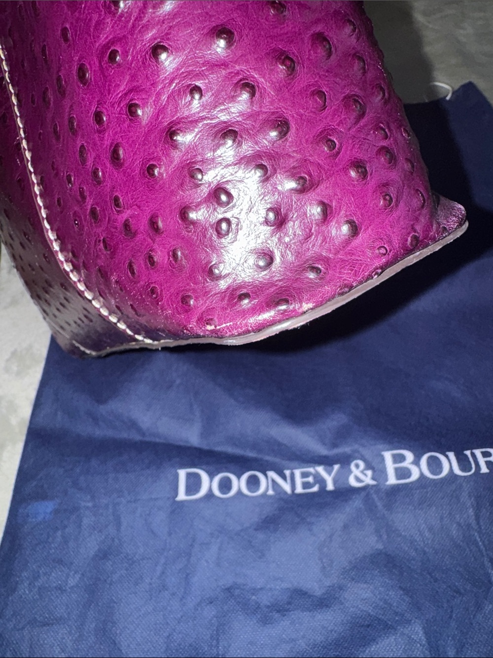 Dooney & Bourke Plum Ostrich-Embossed Tote with Brown Leather Handles - Picture 15 of 16